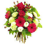 Bukiet skomponowany z gerber, goździków i róż - Kwiaty W dniu Twojego święta